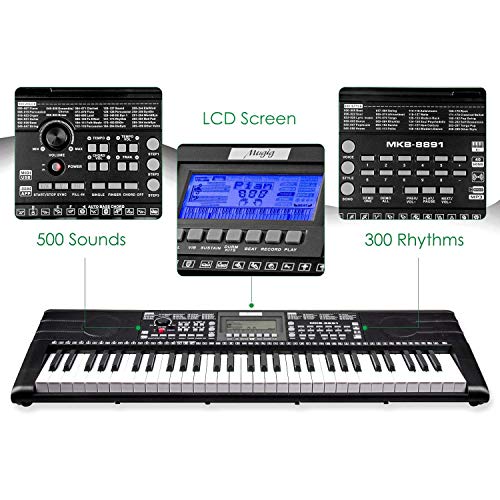 Mugig MKB-8891 61-key Keyboard Piano, Portable Electric Keyboard Piano with Sheet Music Stand, 3 Intelligent Education Teaching Mode, Dual Power Supply