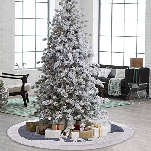 7Felicity Christmas Tree Skirt 48 inches, Fur Rustic White Xmas Tree Skirt,Snowy Christmas Trees Mat Decorations Indoors,Deer and Snowflake Pattern (White Deer) - Thumbnail 2