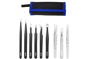 Precision Tweezers Set, MOGAOPI 9 Pcs Anti-Static ESD Tweezers Kit, Stainless Steel Curved Tweezers, Flat Head Tweezers, Pointy Tweezers for Soldering, Electronics,Jewelry,Laboratory Work