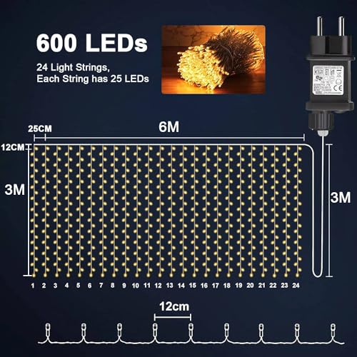 yowin 6 m x 3 m 600 LED Waterfall Lights Waterproof IP65 with Timer, 8 Modes Tent Lights with Socket for Wedding, Gazebo, Window, Wall, Garden – Warm White