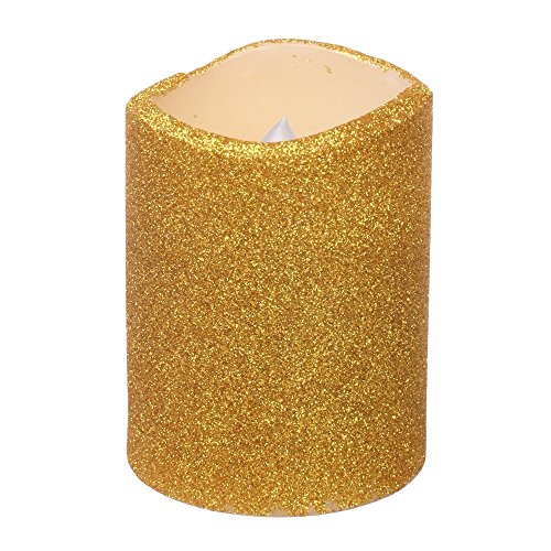 Home Impressions 3x4 Inch Melted Edge Flameless Real Wax Led Pillar Candle with Timer, GoldEnrod color Glitter Powder,Battery Operated