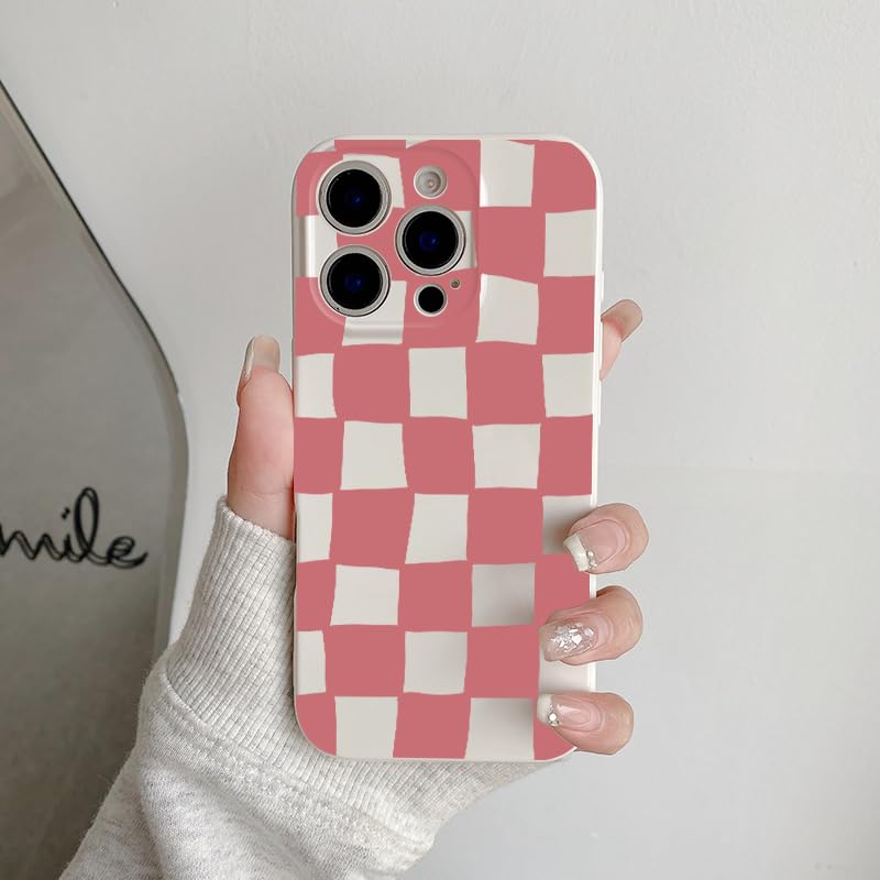 Photo 1 of Aconfei Compatible with iPhone 14 Case for Women Girl Cute Aesthetic Checkerboard Larger Blocks Pattern Trendy Slim Fit TPU Silicone Shockproof Full Camera Protection Cover - Pink