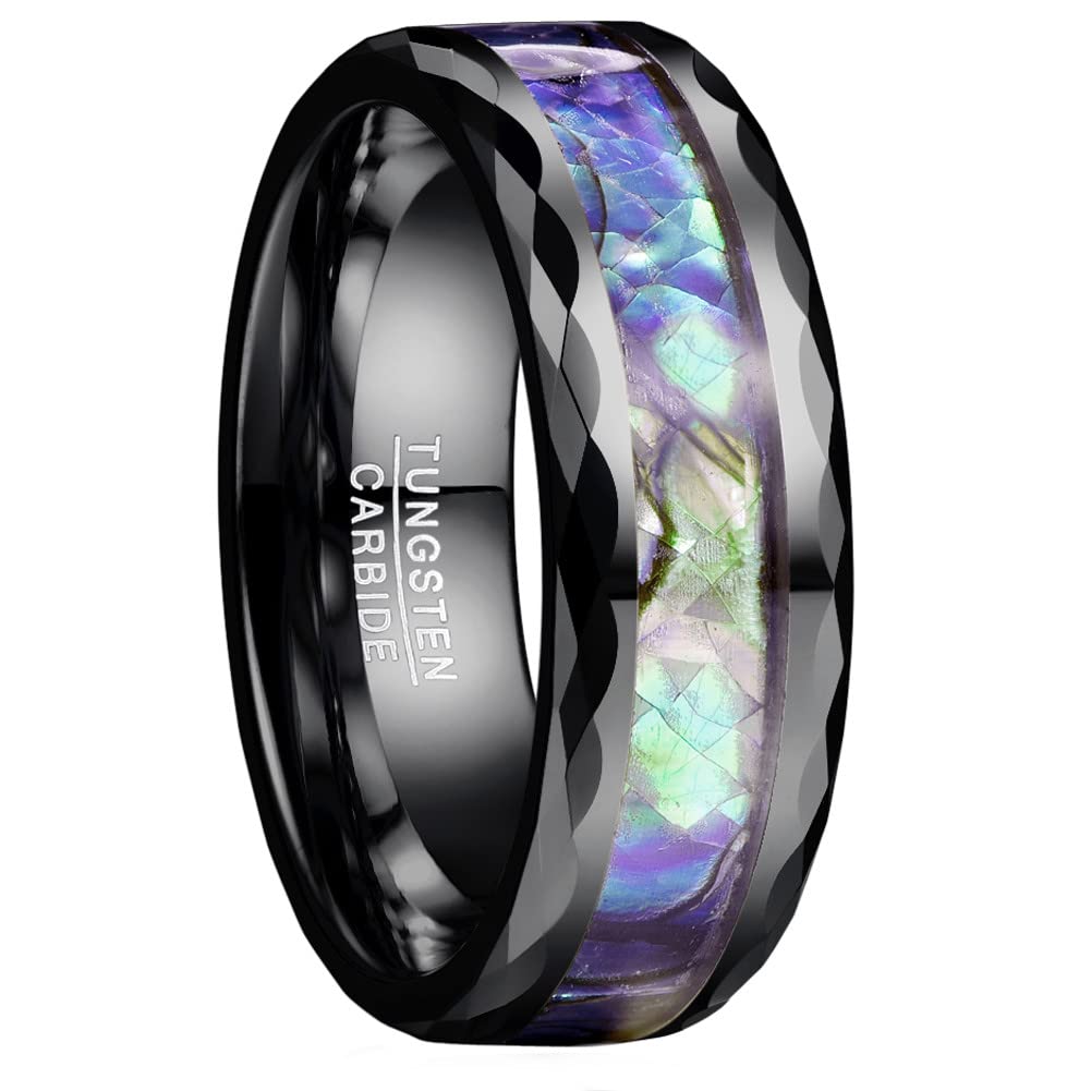 Vakki Anillos de tungsteno negro para hombre y mujer, 0.315 in, concha de abulón, alianzas de compromiso de boda, bordes facetados, tamaño 8