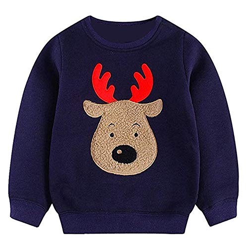 Popshion Toddler Boys Christmas Fleece Sweatshirts Long Sleeve T-Shirts Deer Sweater Pullover Cartoon Tee Sport Tops (1-2 Years/2T, Dark Blue)