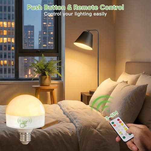 Kimjo E27 Rechargeable Bulb with Remote Control Set of 4-10W Rechargeable Bulb with USB Battery 3 Colours Dimmable – Magnetic Removable Bulbs with Battery Lamp for Camping