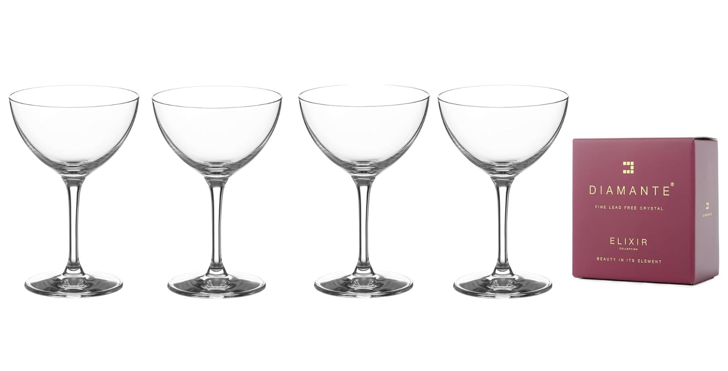 DIAMANTE Mini Nick & Nora Cocktail Coupes Crystal Glasses 140ml, Port Sherry Aperitif Digestif Negroni Glasses - ‘Auris’ Collection Undecorated Crystal - Set of 4