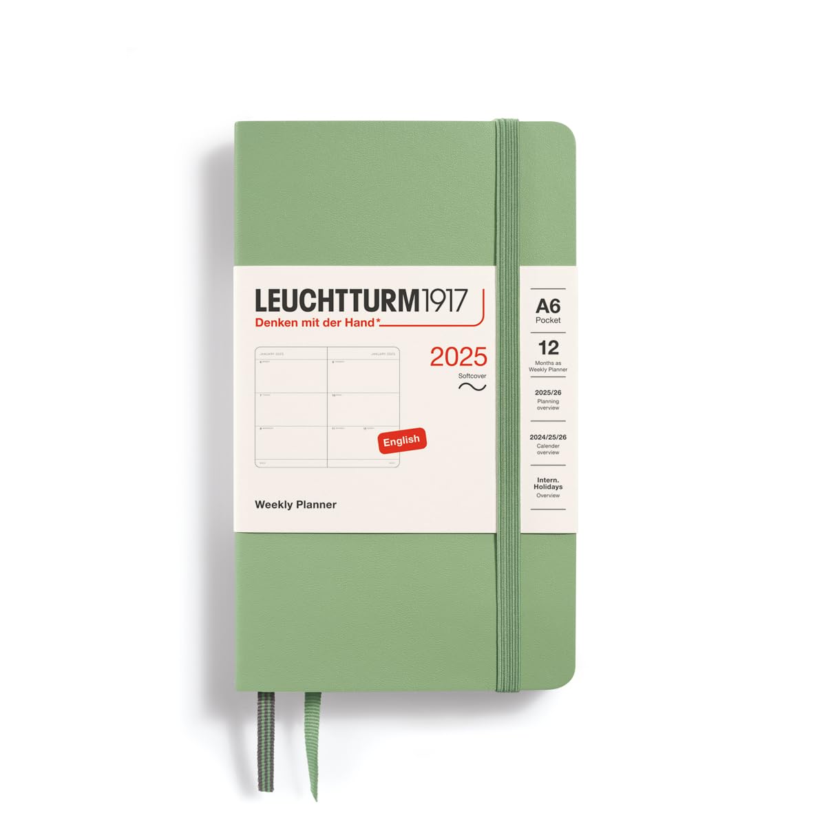 LEUCHTTURM1917 370684 Weekly Planner 2025, Pocket A6 Softcover - 12 Month Planner, Lined - Sage, English