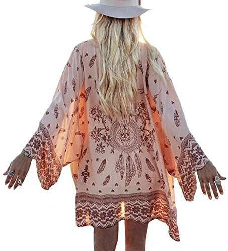 NOMENI Women Boho Printed Chiffon Loose Shawl Kimono Cardigan Tops Cover up Blouse (L)