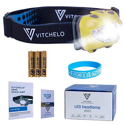 Vitchelo V800 Headlamp Flashlight with Red LED, Yellow