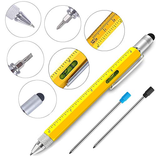 Falytemow 6 in 1 Multi Tool Tech Pen Multifunction as 0.7mm Black Ballpoint Pen Touchscreen Stylus Ruler Level Flathead and Phillips Screwdriver Cool Pen for Christmas or Valentine Gift (2pcs Yellow) - Thumbnail 2