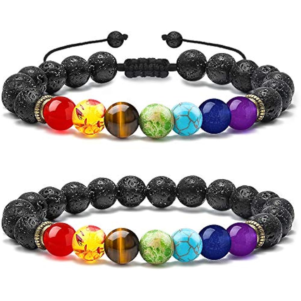 Lava Stone Bracelets 2 PCS Natural 7 Chakras Rock Bead Bracelet, Men