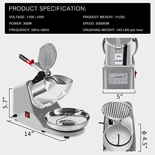 Electric Ice Crusher Shaver Snow Cone Maker Machine Silver 143lbs/hr for Home and Commerical Use ETL Safety Standard Certified - Thumbnail 4