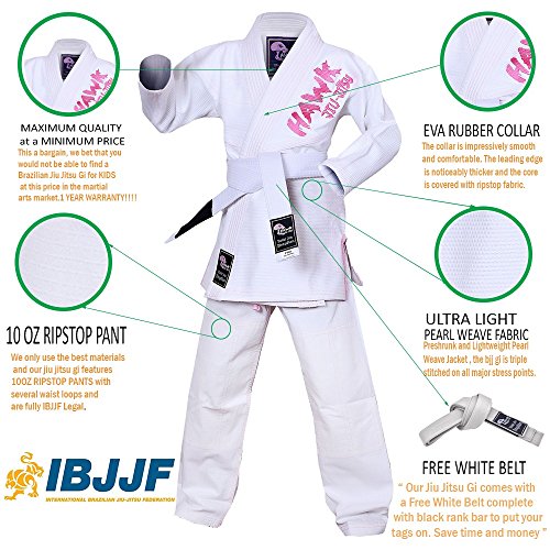 Kids Brazilian Jiu Jitsu Gi Children BJJ Gi Grappling Kimonos Lightweight Free White Belt! (K000, Girls White)