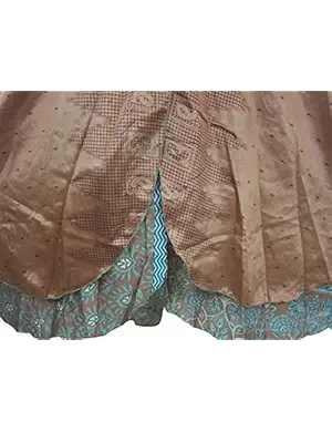 Womens Long Skirts Silk Sari Orange Printed Two Layer Bohemian Fashion Dress