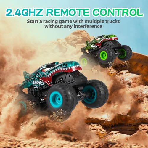 Uniiking® Remote Control Monster Car, 2.4Ghz All Terrain Dinosaur Monster Truck Toys, RC Truck with Music, 3 Lighting Effects, 360 Stunt Capable, Toy Gifts for Boys and Girls (Cyan)