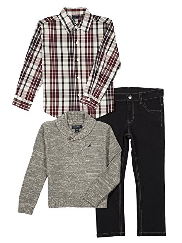 Nautica Baby Boys' Shawl Collar Sweater, Long Sleeve Shirt, and Denim Pant Set