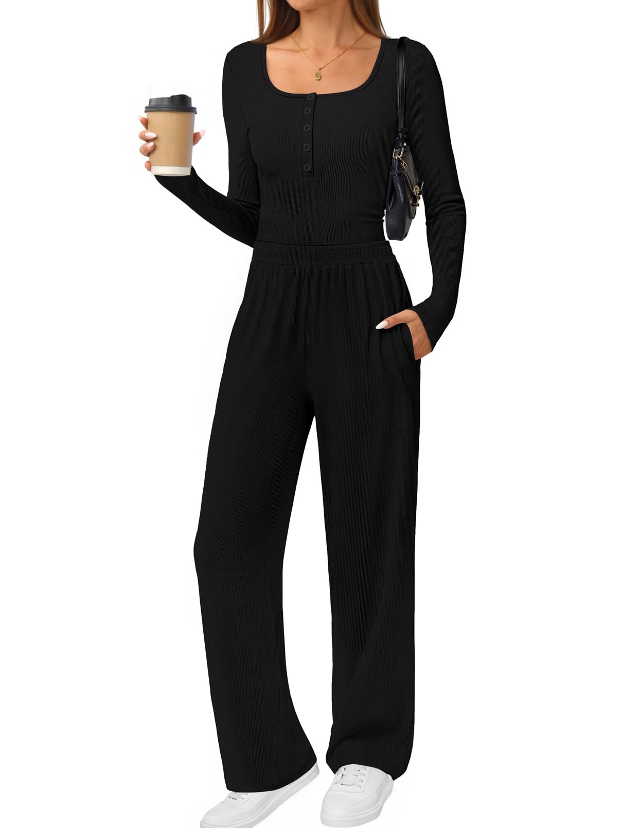 MEROKEETY Lounge Sets Henley Shirts Wide Leg Pants Matching Sets