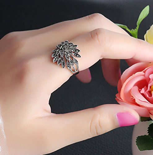 Yfnfxl Womens Antique Black Marcasite Rhinestone Crystal Vintage Leaves Statement Cocktail Rings