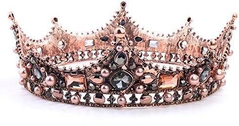 Slendima Retro Baroque Elegant Beaded Queen Tiara Wedding Crown Women Headdress Headband Hair Accessory Antique Bronze
