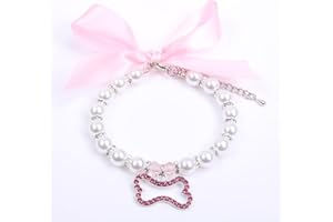 XKSRWE Dog Cat Pearls Necklace Collar with Rhinestones Bone Charm Pendant Pet Puppy Jewelry Accessory (Pink, Medium)