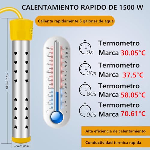 Calentador de Agua de Inmersión 1500W, Calentador de Agua Eléctrico Portátil, Resistencia para Calentar Agua Cubeta, con Acero Inoxidable 304, Termómetro LCD, Cepillo de Limpieza, Calentamiento Rápido