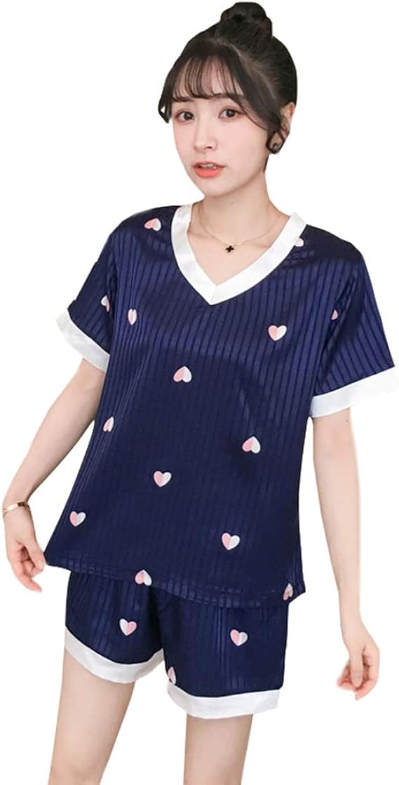 Amazon レディースパジャマ シルク 半袖 Vネック 夏用 ルームウェア 女性 上下セット かわいい ハート柄 柔らかい ナイトウェア 部屋着 薄手 パジャマ ルームウェアセット 通販 Amazon レディースパジャマ シルク 半袖 Vネック 夏用 ルームウェア 女性 上下セット かわいい ハート柄 柔らかい ナイトウェア 部屋着 薄手 パジャマ ルームウェアセット 通販