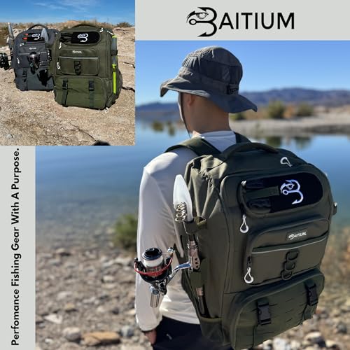 Baitium Fishing Backpack, Tackle Bag With Rod Holders, 40L Capacity With Cooler, Rain Cover, Insulated Pocket, 4 Tackle Trays Included (Green)