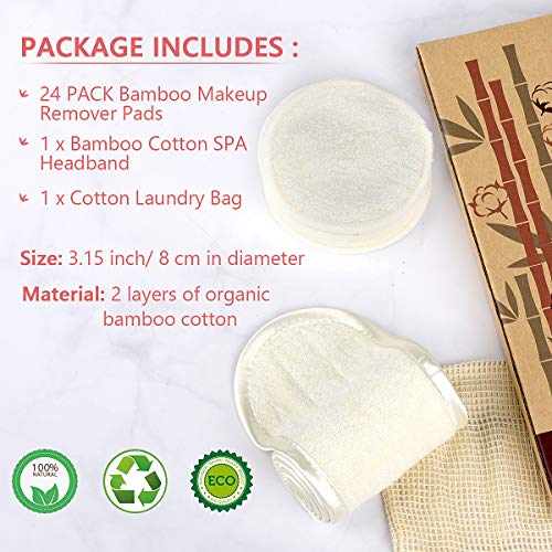 Reusable Makeup Remover Pads,24 Packs Organic Bamboo Cotton Rounds with
