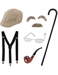 Tigerdoe Old Man Costume - Grandpa Costume - Old Man Glasses, Eyebrows, Mustache, Hat, Pipe, Suspenders, Cane - 7 Pc Set