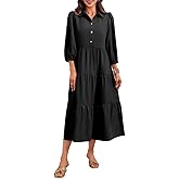 Wenrine Womens Casual 3/4 Sleeve Shirt Dress Button Down V Neck Tiered Collared Flowy Maxi Dress