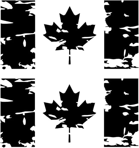 Canadian Flag Vinyl Decals - Distressed Look - ( Set of 2 | Size : 5 x 2.5 inches ) Waterproof vinyl ( Black - Red - White ) Bicycle, Bike, Car window - Boat - Car - Tailgate bumber sticker - stencil Canada Maple leaf (Black Matte)