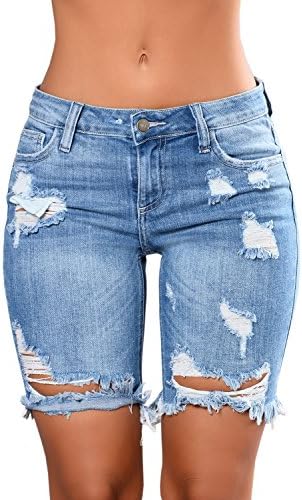 JeanewPole1 Women's Ripped Destroyed Frayed Hem Stretchy Bermuda Denim Shorts Jeans