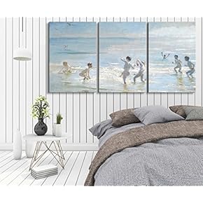 3 Panel World Famous Painting Reproduction on Canvas Wall Art - Boys Bathing on a Summer Evening at Skagen Beach by Peder Severin Kroyer - Modern Home Art Ready to Hang - 16"x24" x 3 Panels