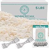 Hearts and Crafts Soy Candle Wax and Wicks for Candle Making, All-Natural - 5lb Bag with 100ct 6â€ Pre-Waxed Candle Wicks, 2 Centering Device