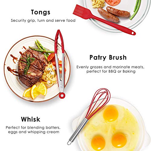 Silicone Kitchen Cooking Utensils Set for Cooking Baking, Rubber Spatulas Cookware Bakeware Set Heat Resistant Non-Stick (Cooking Set Red-6)
