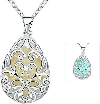 The November Nocturne Halloween Cyan Luminous Necklace Alloy Hollow Carved Flower Drop Silver Pendant