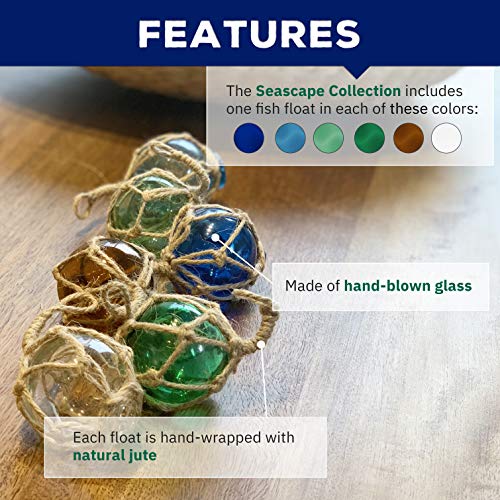 Dasksha New 6-Piece Japanese Glass Fishing Float Set - 2 inch - Assorted Colors - Traditional Glass Buoys with Rope