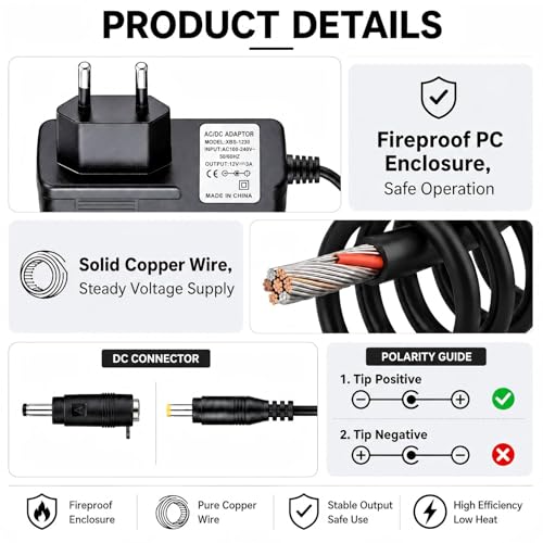 Adaptador de Corriente 12V 3A 36W Fuente de Alimentación AC DC, Cargador Universal con Conector 5.5x2.1 mm y 8 Enchufes DC, para Cámaras CCTV, Tiras LED, Router WiFi, Monitor LCD, TV Box y Altavoces