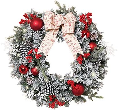 24 Inch Lighted Battery Operated Flocked Pine Wreath with Red Ball Ornaments, Berries and Bow - Artificial Pine Christmas Wreath 30 Micro LED Lights