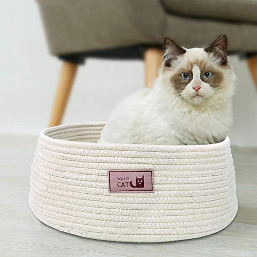 Round Cat Bed Basket Nest Cotton Rope Woven Warm Medium Pet Sleeping Bed House Nesting Rest Cute Fun Scratcher Scratching Scratch Mat Pad Puppy Small Dogs Indoor Play Eco Washable Winter Summer Beige - Thumbnail 5