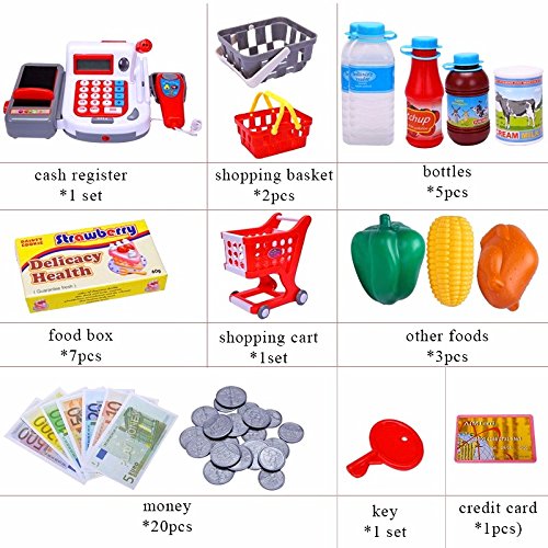 2 IN 1 Electronic Cash Register Toy/Shopping Cart w/scanner and Credit Card Reader Realistic Actions & Sounds learning toy cash register for kids (41pc) (US Seller)