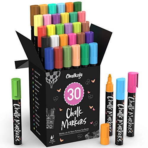 Liquid Chalk Markers - Pack of 30 (Neon + Classic) Chalk Pens - For Chalkboard, Blackboard, Window, Labels, Bistro, Glass - Wet Wipe Erasable - 6mm Reversible bullet & chisel Tip