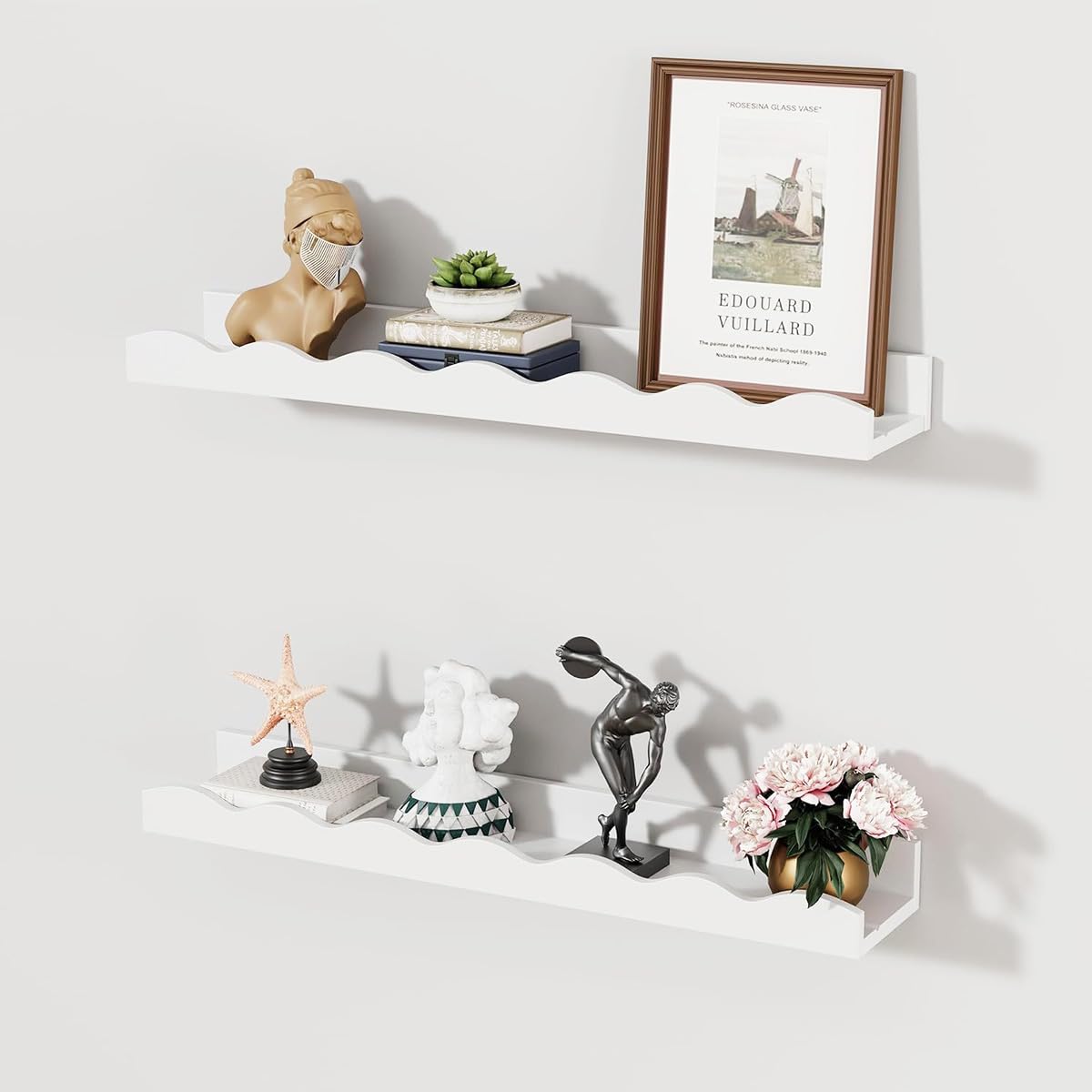 Photo 1 of Nursery Book Shelves 2 Set White Floating Shelves for Wall Kids Bedroom Scalloped Wood Shelves with Lip Modern Wall Bookshelf Picture Ledge for Toddler Baby Room Decor Bathroom Living Room,15.74"