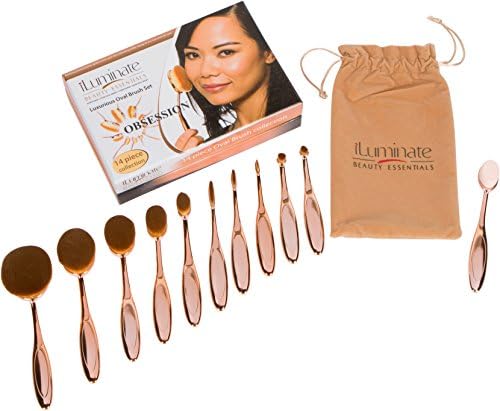 Obsessions Oval Makeup Brush Set - 11 Rose Gold Oval Makeup Brushes in Gift Box, Perfect for Foundation Blending Blush Eyeliner Face Powder Body