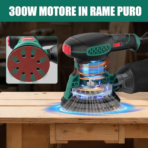 Hychika Orbital Sander, 300W 12000OPM Wood Sander, 6 Speed, with 16 Pieces Sanding Discs 125, with Quick Brake Function for Wood Sanding and Polishing