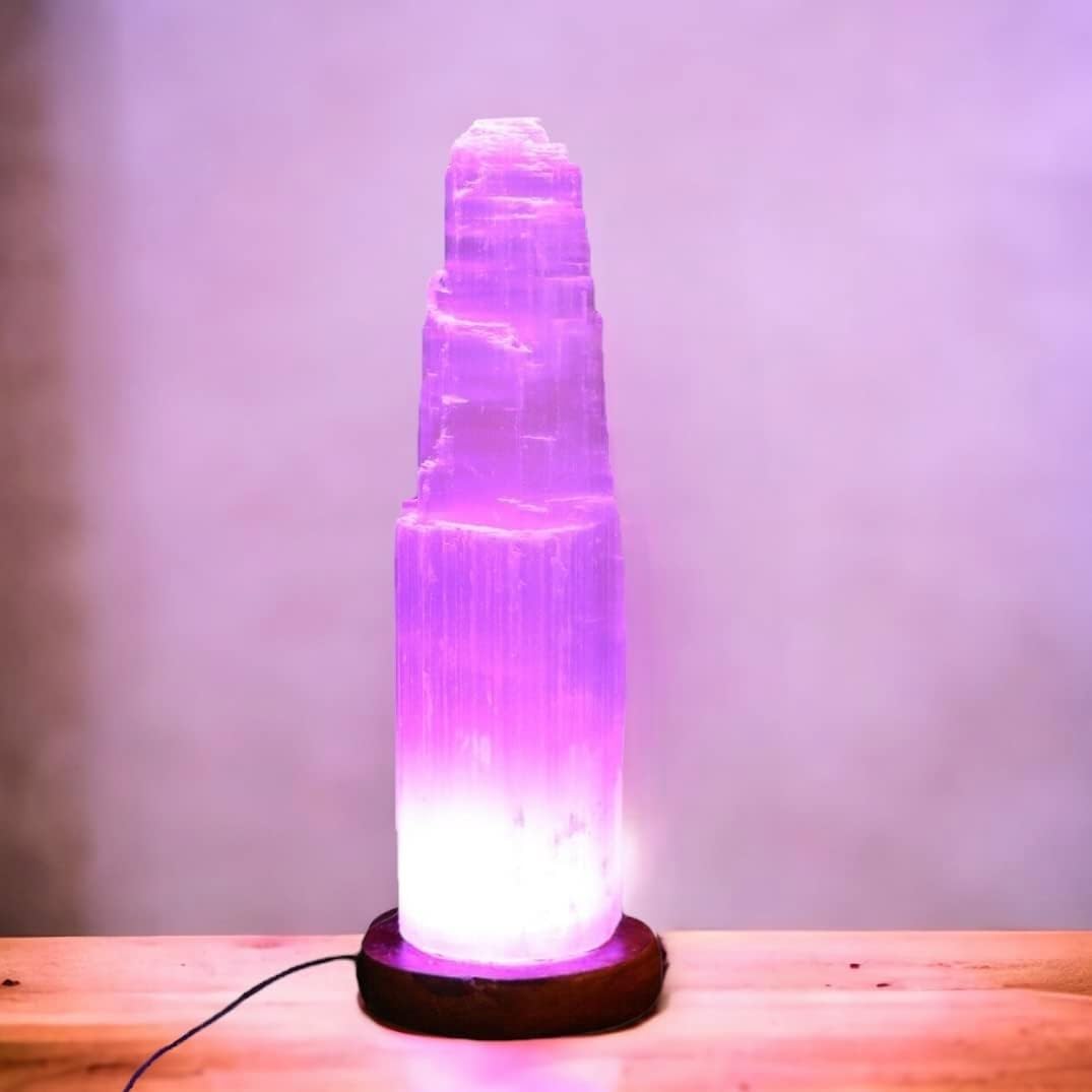 vingardium leviosa Pure Selenite Crystal Rock USB Mountain Tower Lamp Handcrafted Multi Colour Changing Wooden Base Meditation Healing Mineral Christmas Home Decoration Gift Lamp (30cm)
