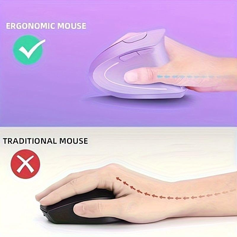 ASOYIOL Ergonomic Mouse Wireless, Purple Vertical Mouse with USB Receiver,6 Buttons 1000/1200/1600 Ergo Mouse for Laptop PC (Purple,Right Hand)