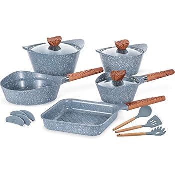 Nonstick Cookware Set Dishwasher Safe 100% PFOA Free Aluminum Induction Pots and Pans Set with Cooking Utensils- 15 - Piece - Grey