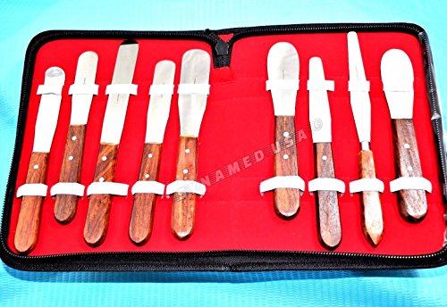 NEW PREMIUM Grade STAINLESS STEEL set of 9 Pieces Dental Mixing Spatula Plastic Alignate Mixing-wooden handle