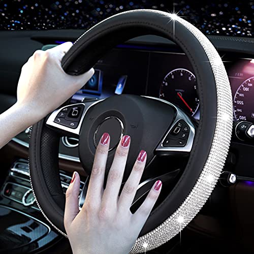 GEISTHOT 4 Pcs Bling Car Accessories for Women Girls, Car Decor Set, Rhinestone Bling Steering Wheel Cover Universal Fit 15 Inch, Glitter Car Seat Belt Covers, Bling Start Button Sticker